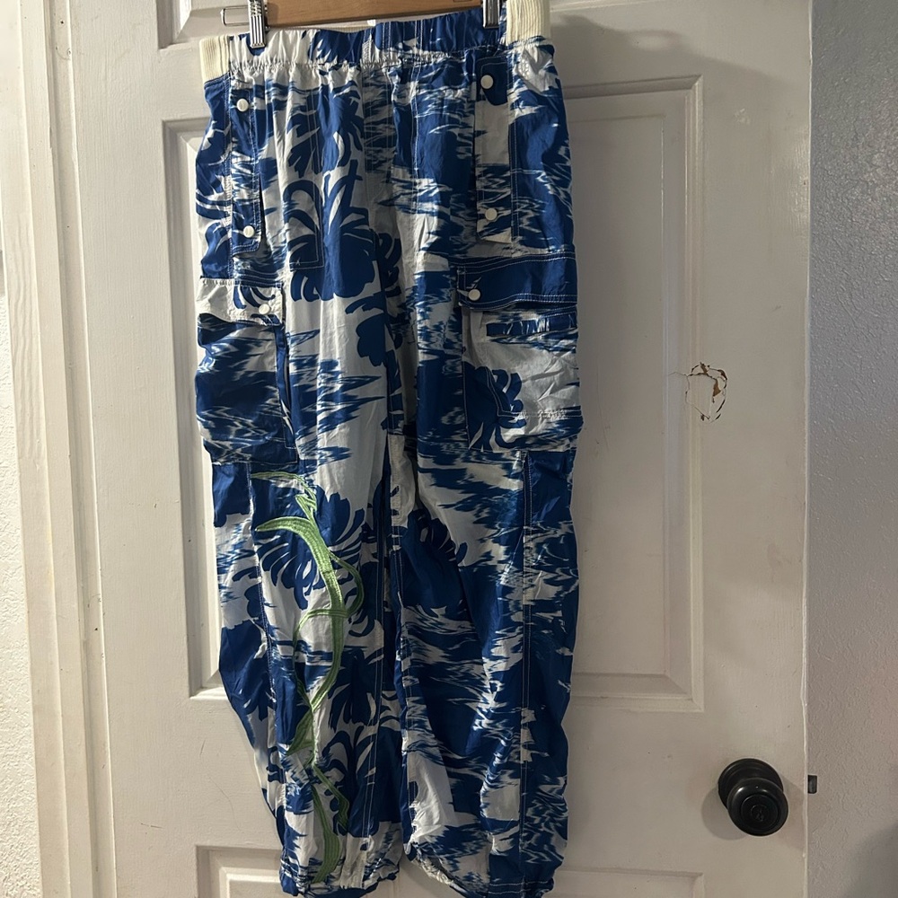 Free People Blue and White Floral Cargo Jumpsuit